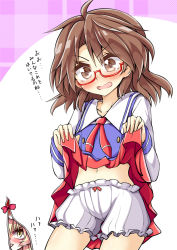 Rule 34 | 2girls, bloomers, brown eyes, brown hair, clothes lift, commentary request, cowboy shot, gap (touhou), glasses, highres, keyaki chimaki, lifted by self, multiple girls, navel, neckerchief, open mouth, plaid, plaid background, red-framed eyewear, red neckerchief, red skirt, school uniform, skirt, skirt lift, touhou, translation request, underwear, usami sumireko, white background, yakumo yukari, yellow eyes