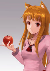 Rule 34 | 1girl, animal ears, apple, bad id, bad pixiv id, brown hair, food, fruit, grey background, holo, long hair, looking at viewer, pouch, red eyes, solo, spice and wolf, telaform, wolf ears