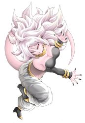 Rule 34 | 1girl, android 21, breasts, colored skin, dragon ball, dragon ball fighterz, fangs, female focus, full body, large breasts, long hair, looking at viewer, majin android 21, monster girl, pink skin, simple background, smile, tail, tongue, tongue out, toriyama akira (style), young jijii