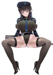 Rule 34 | 1girl, absurdres, ammunition box, arms behind back, belt, between breasts, black footwear, black hair, black leotard, black thighhighs, blue necktie, breasts, closed mouth, collared leotard, commentary request, commission, dot nose, full body, hat, head tilt, high heels, highleg, highleg leotard, highres, leotard, looking at viewer, military, military uniform, necktie, necktie between breasts, original, pointy ears, red eyes, scvready, shrug (clothing), smile, solo, spread legs, thighhighs, thighs, uniform