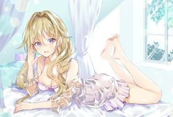 Rule 34 | 1girl, :d, bare legs, bare shoulders, barefoot, bed, bed sheet, blonde hair, braid, breasts, cleavage, earrings, eyebrows, hair between eyes, hand up, highres, jewelry, legs up, long hair, looking at viewer, low-tied long hair, lying, myusha, on stomach, open mouth, pillow, purple eyes, see-through, smile, soles, solo, toes, virtual youtuber, window