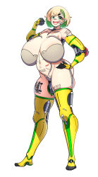 Rule 34 | 1girl, absurdres, android, android (konoshige), barcode, barcode tattoo, blonde hair, breasts, curvy, full body, green eyes, green hair, highres, huge breasts, i-beam, konoshige (ryuun), looking at viewer, multicolored hair, navel, open mouth, original, shiny skin, short hair, skindentation, smile, solo, standing, tattoo, thick eyebrows, thick thighs, thighs, two-tone hair, wide hips