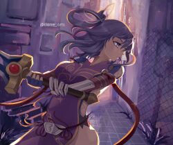 Rule 34 | 1girl, absurdres, ao no kiseki, bow-shaped hair, china dress, chinese clothes, ciarre, dress, eiyuu densetsu, fingerless gloves, floating hair, gauntlets, gloves, hair between eyes, highres, holding, holding sword, holding weapon, huge weapon, purple eyes, purple hair, rixia mao, solo, sword, twitter username, weapon, zero no kiseki