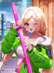 Rule 34 | 1girl, ;d, absurdres, aki rosenthal, aki rosenthal (gaming casual), blonde hair, blue sky, blush, breasts, building, cloud, cloudy sky, collarbone, commentary request, cyberpunk (series), cyberpunk 2077, day, dress, glitch, green jacket, green nails, highres, holding, holding sword, holding weapon, hololive, hood, hood down, hooded jacket, jacket, katana, long hair, long sleeves, looking at viewer, low twintails, medium breasts, mikomiko (mikomikosu), multicolored nails, nail polish, one eye closed, open clothes, open jacket, open mouth, outdoors, parted bangs, puffy long sleeves, puffy sleeves, purple eyes, red nails, sheath, sheathed, sky, skyscraper, sleeves past wrists, smile, solo, sword, twintails, very long hair, virtual youtuber, weapon, white dress