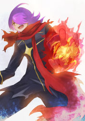 Rule 34 | 1boy, ahoge, akycoo, aura, bandaged hand, bandages, black jacket, black pants, concrete revolutio, cowboy shot, fire, flaming hand, foreshortening, hair over one eye, hitoyoshi jirou, jacket, legs apart, long hair, long sleeves, male focus, one eye covered, open mouth, pants, perspective, pink hair, powering up, red scarf, scarf, solo, standing, yellow eyes