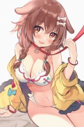 Rule 34 | 1girl, animal ears, ayamy, blush, bone hair ornament, breasts, brown eyes, cartoon bone, cleavage, collar, dog ears, fang, hair ornament, highres, hololive, inugami korone, inugami korone (1st costume), jacket, large breasts, leash, looking at viewer, open mouth, red collar, simple background, sitting, sketch, skin fang, smile, solo, viewer holding leash, virtual youtuber, white background, yellow jacket