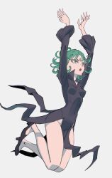 Rule 34 | 1girl, :o, arms up, black dress, black footwear, breasts, commentary, curly hair, dress, eyelashes, flipped hair, floating, full body, green eyes, green hair, high heels, legs, legs up, long sleeves, looking up, medium breasts, one-punch man, open mouth, pantylines, side slit, simple background, skinny, solo, tatsumaki, taut clothes, taut dress, urasato, v-shaped eyebrows, white background