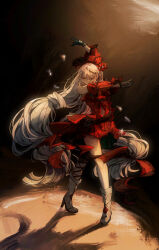 Rule 34 | 1girl, absurdly long hair, absurdres, arknights, arms up, ascot, bare shoulders, black ascot, black ribbon, boots, closed mouth, dancing, dress, floating hair, full body, grey hair, hair between eyes, hair ornament, high heel boots, high heels, highres, leg ribbon, long hair, looking at viewer, off-shoulder dress, off shoulder, qitenglanlanzi, red dress, red eyes, ribbon, skadi (arknights), skadi the corrupting heart (arknights), solo, very long hair, white footwear