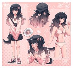 Rule 34 | 1girl, :d, :o, animal ears, animal print, bare shoulders, black hair, black headwear, black skirt, blue footwear, blush, bone print, bra, censored, cheer (cheerpuppy14), commentary, dog ears, dog girl, dog print, dog tail, english commentary, fangs, fictional persona, floral background, flower, flower tattoo, full body, grey hair, hair flower, hair ornament, highres, long hair, long sleeves, looking at viewer, miniskirt, mosaic censoring, multiple views, navel, open mouth, original, panties, pink background, pink flower, pink sweater, shoes, skirt, smile, socks, speech bubble, standing, sweater, tail, tattoo, underwear, white bra, white footwear, white legwear, white panties, white sweater