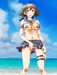 Rule 34 | 1girl, bare legs, bikini, bikini under clothes, black skirt, blue sailor collar, blue sky, blush, breasts, brown hair, cloud, commentary request, covered erect nipples, crop top, day, feet out of frame, frown, gloves, gluteal fold, hairband, kantai collection, lifting own clothes, looking at viewer, medium breasts, miniskirt, navel, neckerchief, ocean, outdoors, parted lips, pleated skirt, sailor collar, sameha ikuya, ship, short hair, signature, skirt, sky, solo, standing, stomach, striped bikini, striped clothes, sweat, swimsuit, tanikaze (kancolle), tareme, thigh strap, underboob, unworn gloves, water, watercraft, white gloves, white hairband, yellow eyes, yellow neckerchief