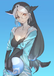 Rule 34 | 1girl, ball, black gloves, black hair, black shirt, blouse, blue background, blue jacket, breasts, character request, cleavage, collarbone, don3, elbow gloves, glasses, gloves, holding, holding ball, jacket, japari symbol, kemono friends, kemono friends 2, large breasts, long hair, looking at viewer, low-tied long hair, open clothes, open jacket, semi-rimless eyewear, shirt, simple background, solo, under-rim eyewear, white hair, yellow eyes