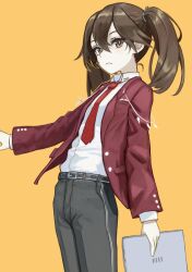 Rule 34 | 1girl, alternate costume, black pants, brown eyes, brown hair, closed mouth, collared shirt, hair between eyes, highres, holding, jacket, kantai collection, long hair, long sleeves, looking at viewer, necktie, nito (nshtntr), open clothes, open jacket, orange background, pants, red jacket, red necktie, ryuujou (kancolle), shirt, simple background, solo, twintails, white shirt, yellow background
