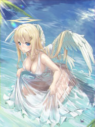 Rule 34 | 1girl, :|, angel, angel wings, bare shoulders, barefoot, blonde hair, blue eyes, blush, breasts, cleavage, closed mouth, clothes lift, cocktail dress, crab, dress, dress lift, embarrassed, feathered wings, frilled dress, frills, frown, full body, hair ornament, halo, halterneck, highres, holding, holding clothes, holding dress, large breasts, leaning forward, light rays, long dress, long hair, looking at viewer, looking to the side, original, palm tree, partially submerged, sapota clone, see-through, see-through dress, seiza, sidelocks, sitting, sleeveless, sleeveless dress, solo, thighs, tree, water, wet, wet clothes, white dress, wings
