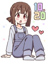 1girl blush brown_hair dated happy_birthday heart hozuki_momiji knees_together_feet_apart long_sleeves nekotoufu official_art onii-chan_wa_oshimai! open_mouth overalls red_eyes short_hair short_ponytail sitting socks solo