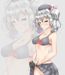 Rule 34 | 10s, 1girl, anho, bad id, bad pixiv id, beret, bikini, bikini top only, blush, breasts, clothes lift, grey eyes, hat, kantai collection, kashima (kancolle), lifting own clothes, looking at viewer, medium breasts, miniskirt, navel, no panties, out-of-frame censoring, pleated skirt, signature, silver hair, skirt, skirt lift, solo, swimsuit, tsurime, wavy hair, zoom layer