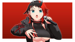 Rule 34 | 1girl, black hair, black jacket, black nails, black sports bra, blue eyes, breasts, chain, commentary request, demon girl, demon horns, ear chain, ear piercing, highres, holding, holding microphone, horns, jacket, large breasts, long sleeves, looking at viewer, manjuuumauma, microphone, multicolored hair, nail polish, nanashi inc., open clothes, open jacket, open mouth, piercing, pointy ears, red background, red hair, red sports bra, ryugasaki rene, ryugasaki rene (1st costume), short hair, solo, sports bra, sugar lyric, two-tone hair, underboob, upper body, virtual youtuber, white background, zipper