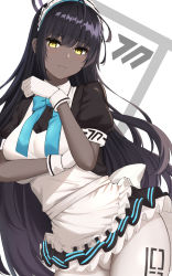 Rule 34 | 1girl, ahoge, apron, black hair, blue archive, blue ribbon, breasts, closed mouth, cowboy shot, dark-skinned female, dark skin, frilled apron, frills, gaitoou, gloves, groin, karin (blue archive), large breasts, leaning to the side, long hair, looking at viewer, maid headdress, neck ribbon, pantyhose, petticoat, puffy short sleeves, puffy sleeves, ribbon, short sleeves, solo, white apron, white background, white gloves, white pantyhose, yellow eyes