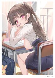 1girl absurdres bag breasts breasts_out brown_hair chair classroom desk highres indoors long_hair long_sleeves looking_at_viewer natsuki_marina nipples original page_number school_desk shirt sitting skirt solo window