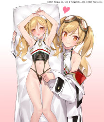Rule 34 | 1girl, armpits, arms up, azur lane, bare arms, bare legs, bare shoulders, belt buckle, blonde hair, blush, breast zipper, buckle, closed mouth, coat, commentary request, copyright name, crop top, crotch zipper, dakimakura (object), gluteal fold, goggles, goggles on head, gradient background, gradient eyes, groin, heart, highleg, highleg panties, highres, holding, jacket, knees together feet apart, leonardo da vinci (azur lane), leotard, long sleeves, multicolored eyes, navel, off shoulder, official art, open clothes, open coat, open mouth, orange eyes, panties, pillow, popqn, shirt, smile, solo, sweat, swept bangs, thighs, twintails, underwear, v-shaped eyebrows, white coat, white jacket, white shirt, zipper, zipper pull tab