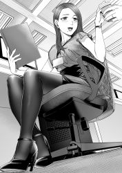 Rule 34 | 1girl, :d, absurdres, chair, cup, disposable cup, greyscale, high heels, highres, holding, id card, indoors, kyuuso inukami, long hair, monochrome, office chair, office lady, open mouth, original, pantyhose, pencil skirt, short sleeves, sitting, skirt, smile, solo, swivel chair