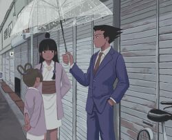 Rule 34 | 1boy, 23011620x, 2girls, ace attorney, arms behind back, bicycle, black hair, blue jacket, blue pants, blunt bangs, brown hair, closed mouth, collared shirt, formal, hair ornament, hair rings, hand in pocket, hanten (clothes), holding, holding umbrella, jacket, japanese clothes, jewelry, kimono, long hair, long sleeves, looking at another, magatama, maya fey, multiple girls, necklace, necktie, obi, outdoors, pants, parted bangs, pearl fey, phoenix wright, purple jacket, red necktie, sash, shirt, short hair, short kimono, sidelocks, spiked hair, standing, suit, umbrella, white shirt