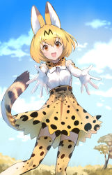 Rule 34 | 10s, 1girl, animal ears, bare shoulders, blonde hair, blue sky, blush, bow, bowtie, breasts, cloud, day, dress, elbow gloves, gloves, grass, happy, highres, ice (ice aptx), kemono friends, looking at viewer, outdoors, outstretched arms, reaching, reaching towards viewer, serval (kemono friends), serval print, serval tail, short hair, sky, sleeveless, sleeveless dress, smile, solo, standing, tail, teeth, thighhighs, tree, yellow eyes