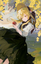 Rule 34 | 1girl, apple, bad id, bad twitter id, black bow, black skirt, blonde hair, bow, bowtie, cloud, cloudy sky, falling, falling petals, flower, food, fruit, genshin impact, grass, hat, highres, holding, holding food, holding fruit, hyatsu, light smile, long hair, looking at object, lumine (genshin impact), parted lips, petals, puffy short sleeves, puffy sleeves, shirt, short sleeves, sidelocks, skirt, sky, solo, sun hat, traditional media, tree, white shirt, yellow eyes, yellow flower