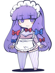 Rule 34 | 1girl, alternate costume, apron, blue bow, blush, bow, chahan (fried rice0614), closed mouth, enmaided, full body, hair bow, highres, long hair, long sleeves, maid, maid headdress, one-hour drawing challenge, patchouli knowledge, purple eyes, purple hair, red bow, simple background, solo, striped clothes, striped thighhighs, thighhighs, touhou, vertical-striped clothes, vertical-striped thighhighs, waist apron, white apron, white background