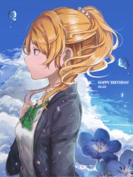 Rule 34 | 1girl, ayase eli, birthday, blonde hair, blue eyes, cloud, cloudy sky, dated, day, english text, flower, from side, hand on own chest, happy birthday, highres, ibuki (ibuki0118), long hair, long sleeves, love live!, love live! school idol project, nemophila (flower), otonokizaka school uniform, school uniform, sky, solo