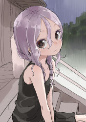 Rule 34 | 1girl, bare arms, bare shoulders, black skirt, black tank top, braid, brown eyes, closed mouth, collarbone, commentary request, day, hair between eyes, hair over shoulder, highres, long hair, looking at viewer, low twintails, outdoors, parted bangs, pleated skirt, purple hair, railing, rain, sitting, sitting on stairs, skirt, solo, soredemo ayumu wa yosetekuru, stairs, tank top, twin braids, twintails, wavy mouth, wet, wet hair, yamamoto souichirou, yaotome urushi