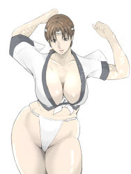 Rule 34 | 1girl, arms up, breasts, brown eyes, brown hair, cameltoe, cleavage, cowboy shot, female focus, fundoshi, groin, highres, hikaru no go, hip focus, huge breasts, japanese clothes, legs, long hair, looking down, matching hair/eyes, mature female, parted lips, ponytail, revealing clothes, shindou mitsuko, shirt, simple background, solo, standing, thick thighs, thighs, tied shirt, wan (13070284), white background
