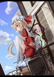 Rule 34 | 1girl, absurdres, ascot, bad id, bad pixiv id, blonde hair, blush, female focus, flandre scarlet, hat, hat ribbon, highres, letterboxed, lio, long hair, profile, red eyes, ribbon, short hair, side ponytail, sign, skirt, skirt set, solo, thighhighs, touhou, very long hair, white thighhighs, wings