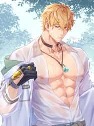 Rule 34 | 1boy, 7go3 nc, abs, bags under eyes, black gloves, blonde hair, brown choker, choker, covered erect nipples, gloves, highres, jewelry, large pectorals, long sleeves, looking at viewer, male focus, muscular, muscular male, necklace, nu carnival, orange eyes, pectorals, quincy (nu carnival), see-through, see-through shirt, shirt, short hair, tassel, wet, wet clothes, wet hair, wet shirt, white shirt, yellow gemstone