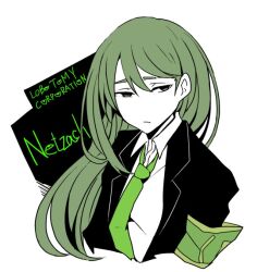 Rule 34 | 1boy, akistu630, armband, black jacket, brown eyes, character name, closed mouth, collared shirt, colored skin, commentary, copyright name, eyebrows hidden by hair, green armband, green hair, green necktie, jacket, lobotomy corporation, long hair, long sleeves, male focus, necktie, netzach (project moon), no nose, open clothes, open jacket, project moon, shirt, solo, white shirt, white skin
