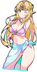 Rule 34 | 1girl, ;), bare shoulders, bead necklace, beads, bikini, blonde hair, blue eyes, breast hold, breasts, circlet, cleavage, closed mouth, earrings, enpe, gem, green eyes, hair intakes, highres, jewelry, long hair, looking at viewer, medium breasts, multicolored eyes, navel, necklace, nintendo, one eye closed, pink bikini, pointy ears, princess zelda, sarong, simple background, smile, solo, swimsuit, the legend of zelda, the legend of zelda: a link between worlds, triforce, white background
