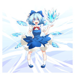 Rule 34 | 1girl, :d, blue bow, blue dress, blue eyes, blue hair, bow, cirno, dress, full body, hair bow, hand on own hip, ice, ice wings, kikuichi monji, looking at viewer, mary janes, matching hair/eyes, open mouth, pigeon-toed, puffy short sleeves, puffy sleeves, shoes, short hair, short sleeves, smile, solo, touhou, wing collar, wings