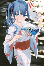Rule 34 | 1girl, blue eyes, blue hair, blue ribbon, blurry, blurry background, commentary request, eyelashes, feet out of frame, fox mask, grey kimono, hair ribbon, hand fan, hands up, highres, holding, hololive, hoshimachi suisei, iva (iva4111), japanese clothes, kimono, long hair, long sleeves, looking at viewer, mask, obi, paper fan, print kimono, ribbon, sash, side ponytail, sidelocks, solo, standing, teeth, uchiwa, virtual youtuber, wide sleeves, yukata