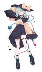 Rule 34 | 1girl, :q, absurdres, arm up, bandaid, bandaid on leg, black choker, black footwear, black hat, black skirt, blood, bloody knife, blush, boots, bow, buttons, choker, closed mouth, commentary request, diamond button, earrings, eyelashes, frilled sleeves, frills, full body, green eyes, green hair, hat, hat bow, heart, heart earrings, heart of string, high heel boots, high heels, highres, holding, holding knife, jewelry, knife, komeiji koishi, long sleeves, looking at viewer, mokyuko, shirt, simple background, skirt, sleeves past fingers, sleeves past wrists, solo, thigh strap, tongue, tongue out, touhou, white background, wide sleeves, yellow bow, yellow shirt