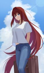 Rule 34 | 1girl, aozaki aoko, arms behind back, blue eyes, blue pants, blue sky, breasts, closed mouth, cloud, commentary request, denim, hair between eyes, highres, holding, holding suitcase, jeans, long hair, looking at viewer, medium breasts, outdoors, pants, red hair, shintyoi2, shirt, short sleeves, sky, smile, solo, suitcase, t-shirt, tsukihime, very long hair, white shirt