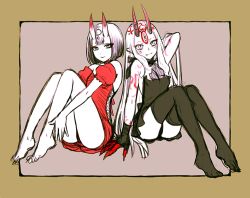 Rule 34 | 2girls, alternate costume, arm behind head, arm support, barefoot, black dress, black legwear, cross-laced clothes, dress, facial mark, fang, fate/grand order, fate (series), female focus, full body, hizuki aya, horns, ibaraki douji (fate), long hair, looking at viewer, multiple girls, oni, panties, partially colored, pointy ears, puffy short sleeves, puffy sleeves, red dress, short hair, short sleeves, shuten douji (fate), sitting, sketch, skin-covered horns, sleeveless, sleeveless dress, smile, strapless, strapless dress, tattoo, thighhighs, underwear
