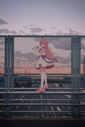 Rule 34 | 1girl, :d, black eyes, bridge, chain-link fence, cloud, cloudy sky, dress, evening, fence, frilled dress, frills, from side, hand up, highres, highway, holding, holding microphone, long hair, looking at viewer, microphone, nijisanji, nkymyura, open mouth, outdoors, pink footwear, pink hair, railing, shoes, short dress, short sleeves, sidelocks, sky, smile, solo, suo sango, thighhighs, tiara, virtual youtuber, walking on railing, white dress, white thighhighs, wide shot, zettai ryouiki