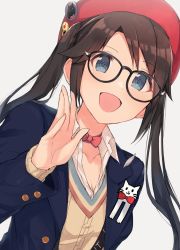 Rule 34 | 1girl, :d, beret, black-framed eyewear, black hair, blazer, blue eyes, blush, breasts, cleavage, collarbone, glasses, hanetsuka, hat, idolmaster, idolmaster shiny colors, jacket, l&#039;antica (idolmaster), long hair, long sleeves, looking at viewer, mitsumine yuika, open mouth, red hat, shirt, simple background, small breasts, smile, solo, twintails, upper body, white background