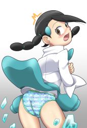 Rule 34 | 1girl, aqua panties, aqua sweater, ass, bangs pinned back, black hair, blush, braid, brown eyes, cameltoe, candice (pokemon), clenched hands, clothes around waist, creatures (company), embarrassed, euf-dreamer, eyelashes, female focus, from behind, frozen, game freak, gen 4 pokemon, gradient background, gym leader, hair ornament, hands on own chest, highres, ice, legs, long hair, looking at viewer, looking back, motion lines, neck, nintendo, open mouth, panties, pokemon, pokemon dppt, print panties, shattered, shiny skin, shirt, sidelocks, simple background, single bang, skirt, snowflake print, striped clothes, striped panties, sweater, sweater around waist, thighs, torn clothes, torn skirt, turning head, twin braids, underwear, unworn skirt, upskirt, wardrobe malfunction, white shirt
