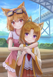 Rule 34 | 2girls, absurdres, animal ear fluff, animal ears, arcana heart, bridge, brown hair, cat ears, closed mouth, cocoa (rabi ribi), collarbone, commentary request, crossover, day, dog ears, dress, frilled dress, frilled sleeves, frills, goggles, goggles on head, hair between eyes, highres, hug, hug from behind, inuwaka nazuna, iroha (iroha matsurika), long hair, long sleeves, multiple girls, open clothes, outdoors, parted bangs, pink dress, pleated skirt, purple eyes, rabi-ribi, red eyes, red skirt, shirt, short sleeves, skirt, smile, twitter username, water, white shirt, wide sleeves