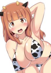 Rule 34 | 1girl, animal ears, animal print, arm behind head, armpits, bent over, bikini, blush, breasts, brown eyes, brown hair, cameltoe, cleavage, collarbone, cow print, fake animal ears, fake horns, female focus, girls und panzer, groin, horns, large breasts, long hair, looking at viewer, navel, open mouth, shiny skin, simple background, solo, swimsuit, takebe saori, white background, yottan