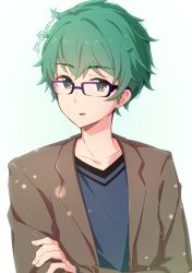 Rule 34 | 1boy, atu, blue-framed eyewear, brown suit, collarbone, commentary request, crossed arms, crossed bangs, formal, glasses, green hair, grey shirt, highres, messy hair, original, shirt, short hair, simple background, smile, solo, suit, white background