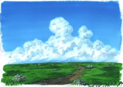 Rule 34 | blue sky, cloud, commentary, dated, day, grass, no humans, outdoors, path, road, rock, sawitou mizuki, scenery, sky, traditional media