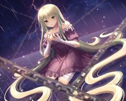 Rule 34 | 1girl, absurdly long hair, absurdres, bad id, bad pixiv id, bandaged arm, bandaged leg, bandages, bare shoulders, blonde hair, blurry, blurry foreground, chain, collarbone, commentary request, depth of field, dress, ecu8080, fingernails, frilled dress, frills, gradient hair, green eyes, green hair, hair between eyes, hands up, highres, huge filesize, lightning, long hair, multicolored hair, night, night sky, off-shoulder dress, off shoulder, original, parted lips, puffy short sleeves, puffy sleeves, purple dress, rain, revision, ripples, short sleeves, sky, solo, star (sky), starry sky, very long hair, water