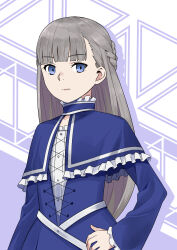 Rule 34 | 1girl, absurdres, blue capelet, blue dress, blue eyes, blunt bangs, braid, capelet, closed mouth, collar, commentary request, cowboy shot, dress, expressionless, french braid, frilled capelet, frilled collar, frills, grey hair, hand on own hip, high collar, highres, lawine (sousou no frieren), long hair, long sleeves, looking at viewer, needle (needlebomb), shirt, solo, sousou no frieren, standing, very long hair, white shirt