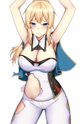 Rule 34 | 1girl, armpits, bare shoulders, blonde hair, blue eyes, blush, breasts, cleavage, genshin impact, hair between eyes, highres, jean (genshin impact), kitsune udon (ai br), large breasts, long hair, looking at viewer, pants, ponytail, solo, spread armpit, standing, torn clothes, white pants
